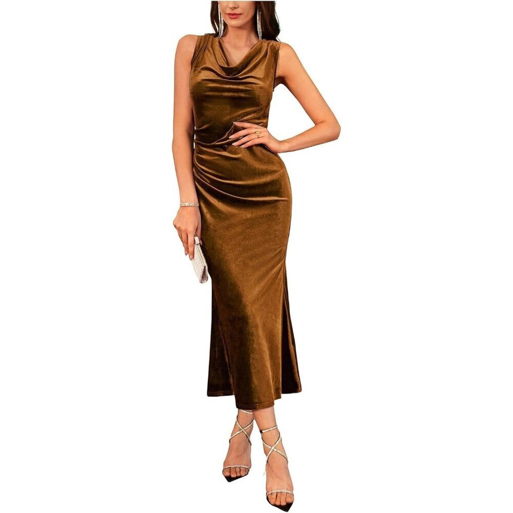 Women Gold Brown Flattering Cowl Neck Sleeveless Velvet Cocktail Mermaid Gown